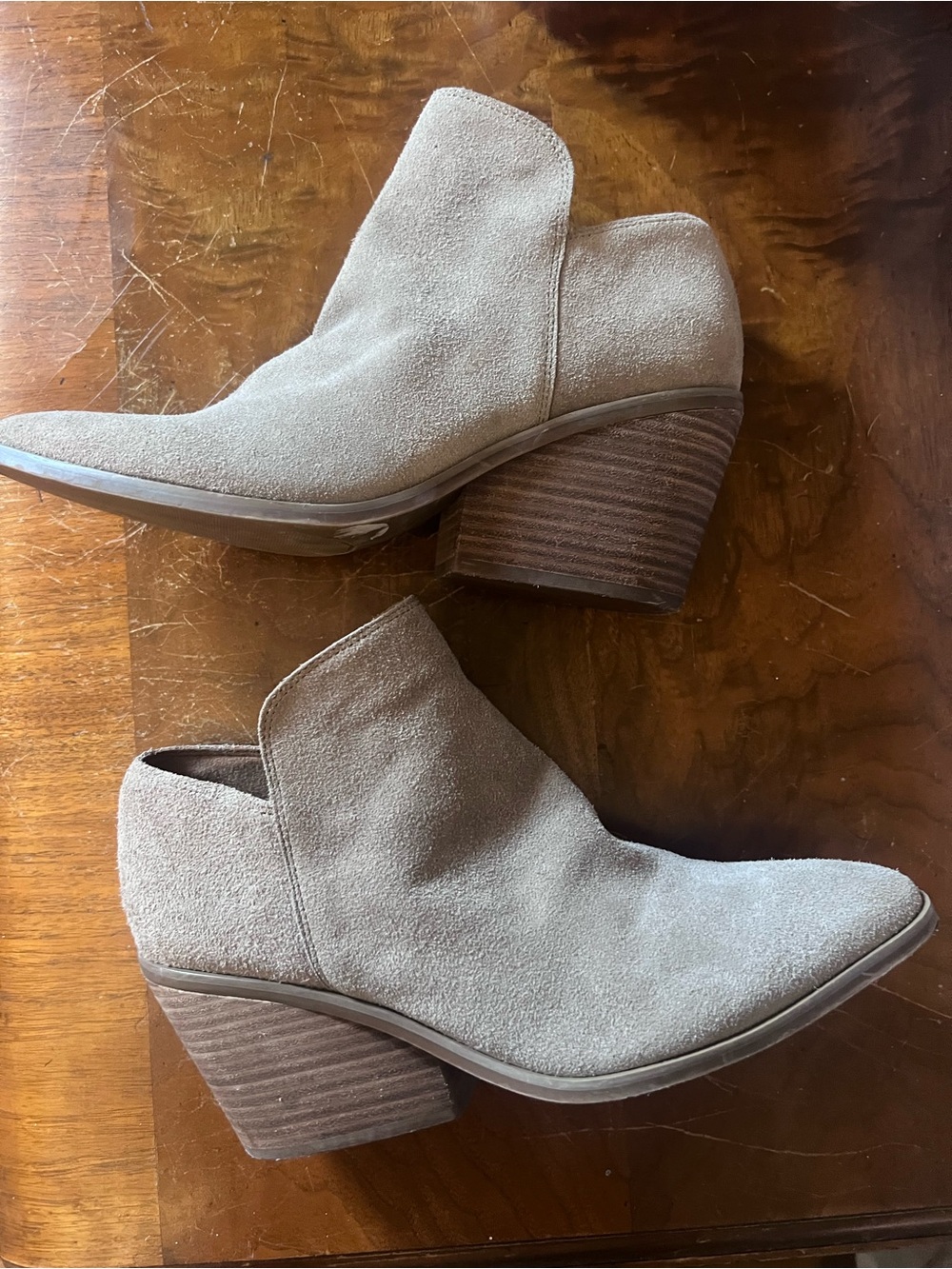 Lucky Brand Taupe Suede Ankle Booties with Stacked Heel